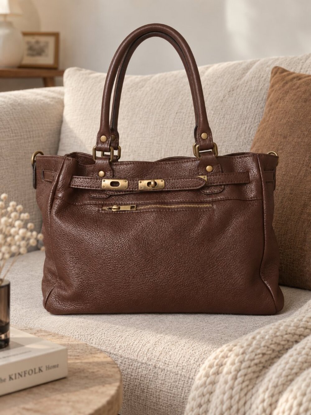 Cognac Large Leather Tote Bag, Italian Genuine Leather Work Bag, Vintage Purse